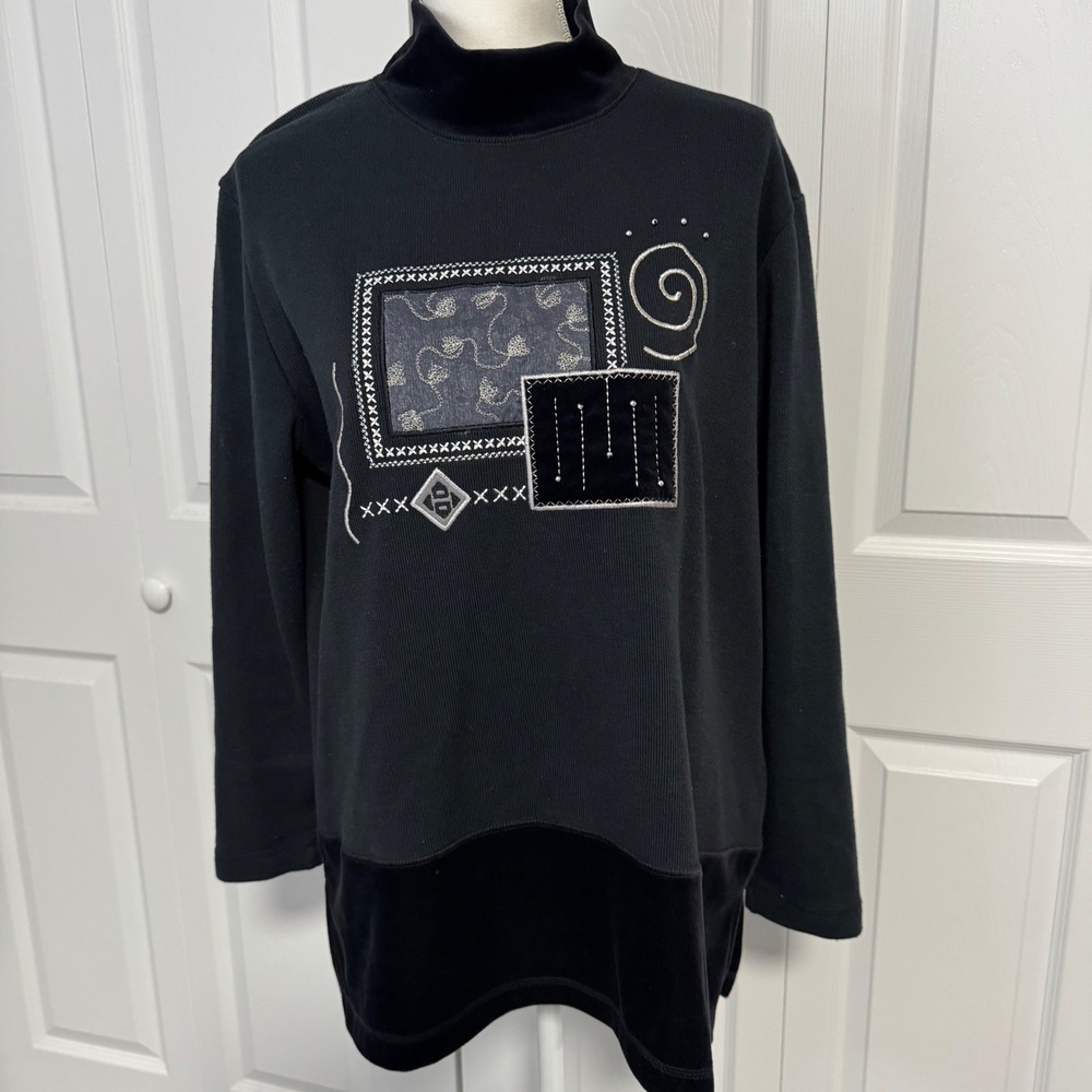 Vtg Bobbie Brooks Womens Black Mock Neck Mixed Media Abstract Graphic Top Large